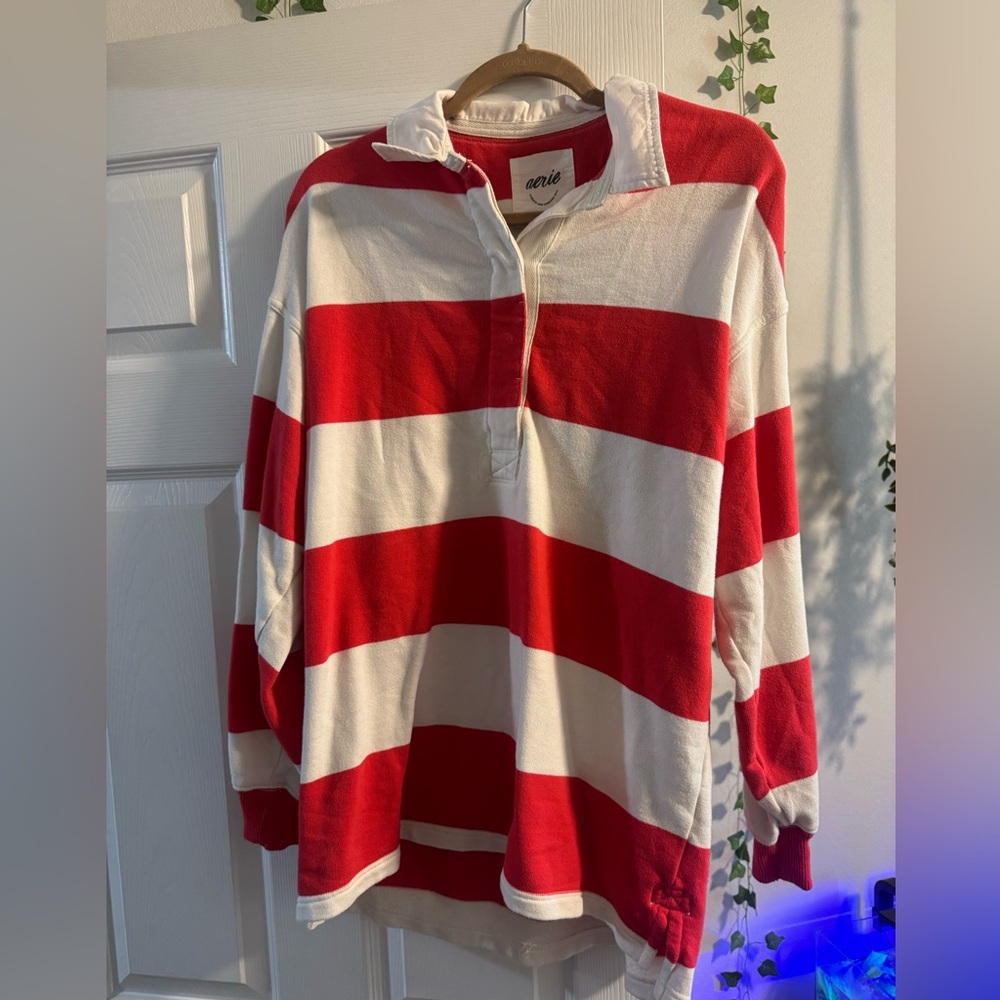 Aerie Red and White Striped Collared Pullover